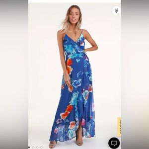 LuLus Ladean Royal Blue Floral Print Ruffled Wrap Maxi Dress never worn size M